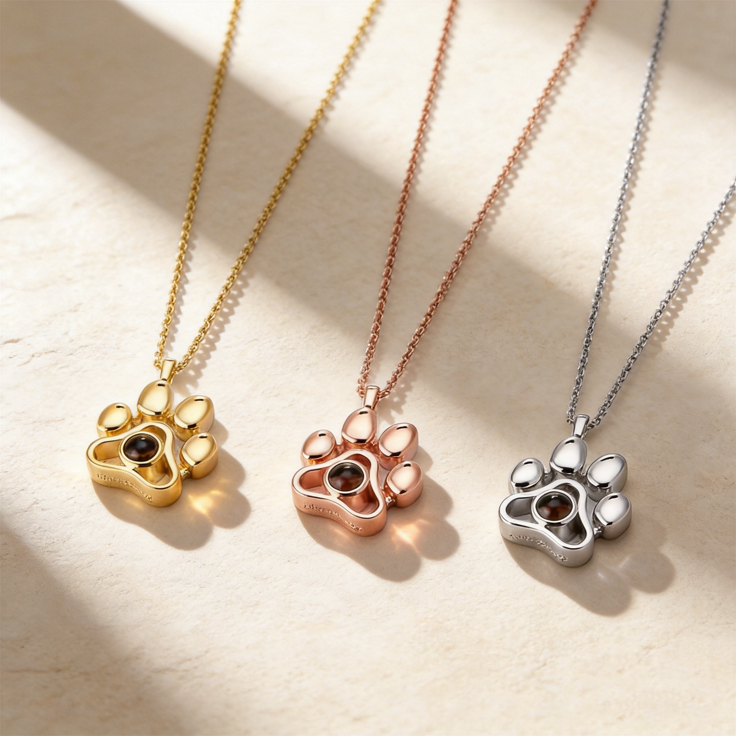Woman Wearing Paw Photo Projection Necklace