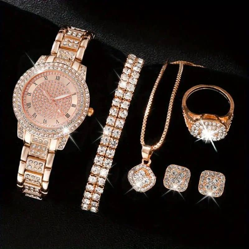 Rose Gold Sparkling Jewelry & Watch Set