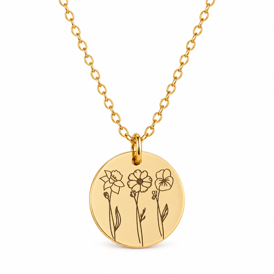 Lovelle gold-tone birth flower bouquet necklace on a white background