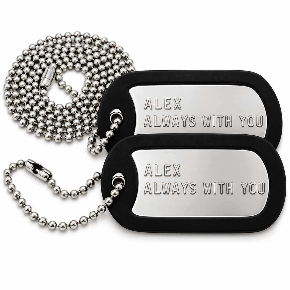 Personalized double dog tag necklace with silver tags, black rubber silencers and a ball chain on a white background