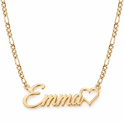 Gold personalized name necklace with heart detail on a white background