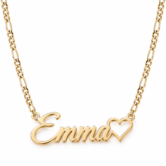 Gold personalized name necklace with heart detail on a white background