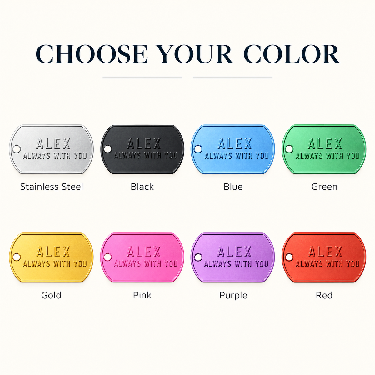 Custom dog tag necklace guide showing 2 by 1.125 inch tags, up to five lines of text per tag, ball chains and rubber silencers