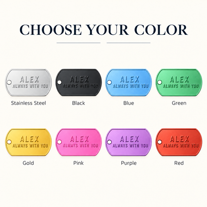 Custom dog tag necklace guide showing 2 by 1.125 inch tags, up to five lines of text per tag, ball chains and rubber silencers