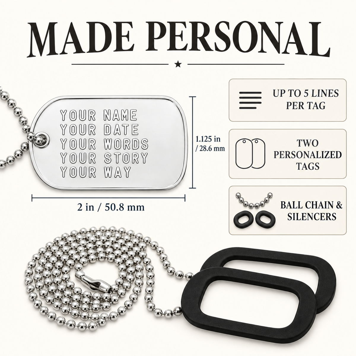 Personalized dog tags in eight colors: stainless steel, black, blue, green, gold, pink, purple and red
