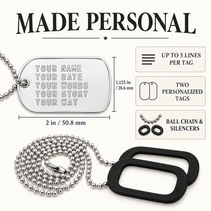 Personalized dog tags in eight colors: stainless steel, black, blue, green, gold, pink, purple and red