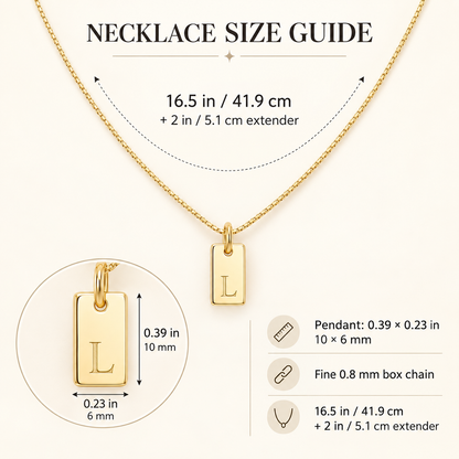 Initial necklace size guide showing a 16.5 inch chain, 2 inch extender and 10 by 6 mm pendant