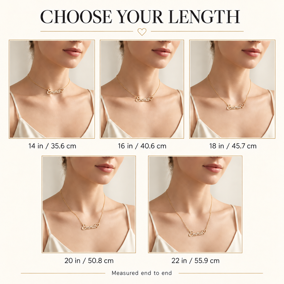 Personalized name necklace length guide from 14 to 22 inches