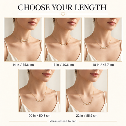 Personalized name necklace length guide from 14 to 22 inches