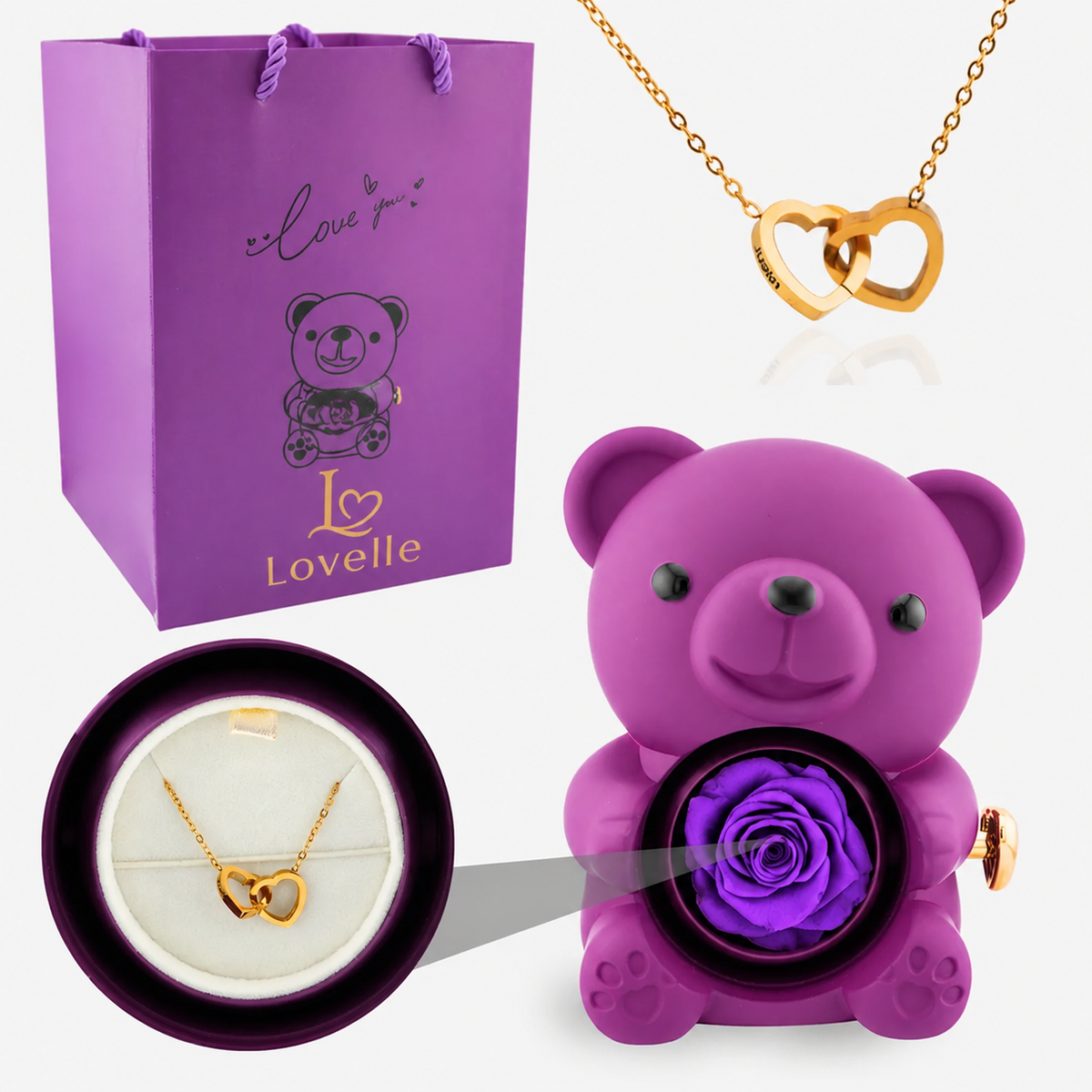 Forever Rose Bear Gift Set with Personalized Necklace