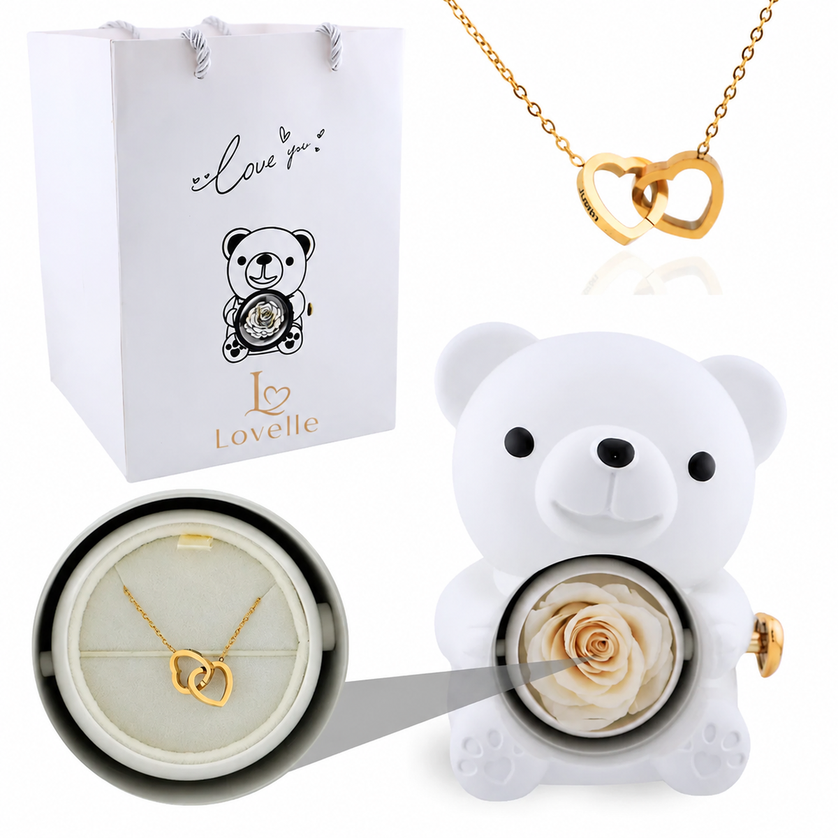 Forever Rose Bear Gift Set with Personalized Necklace