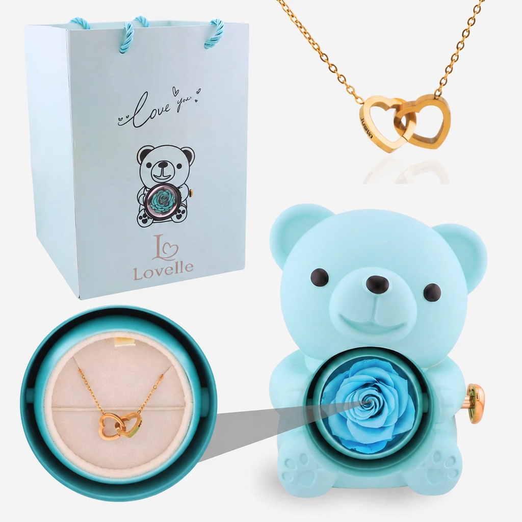Forever Rose Bear Gift Set with Personalized Necklace