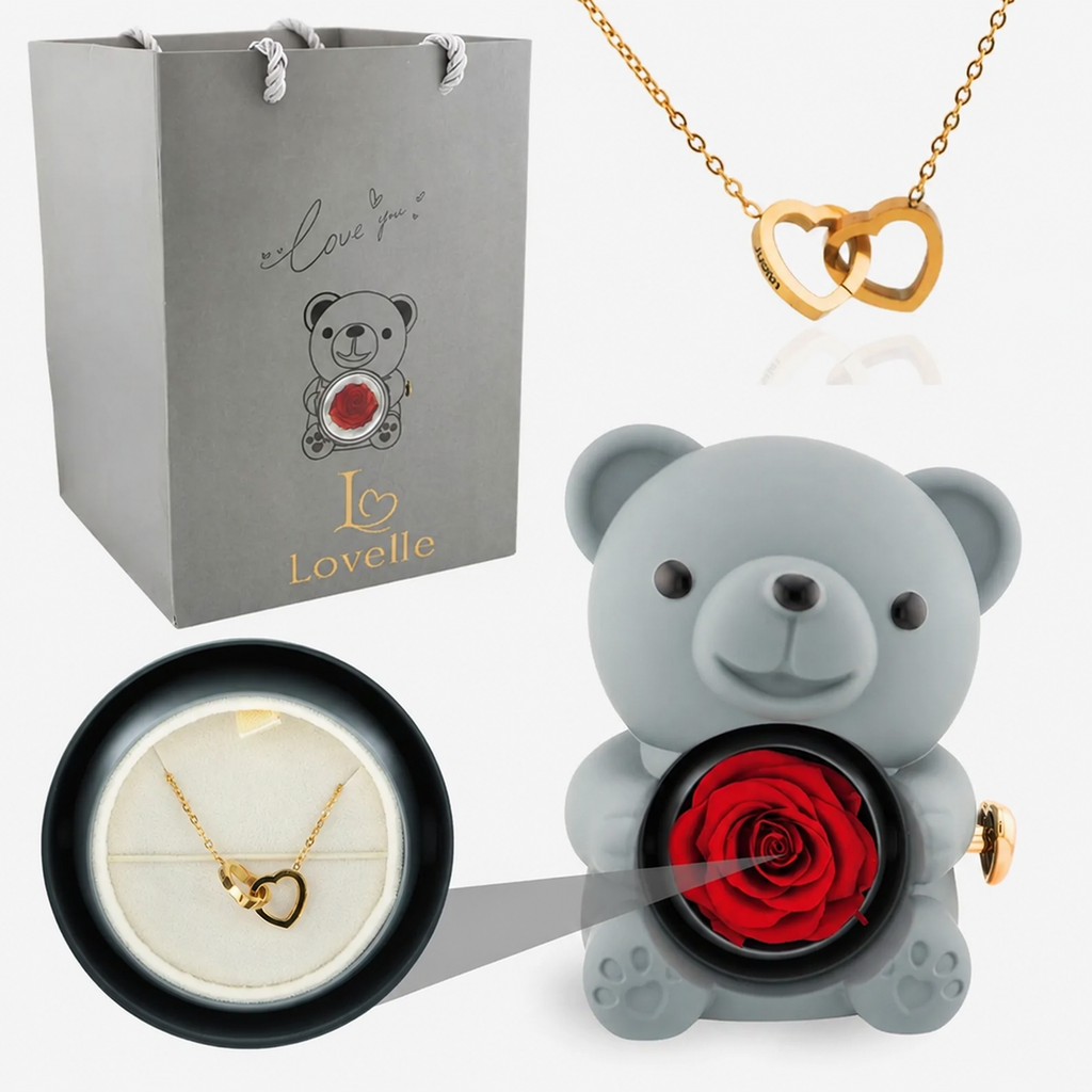 Forever Rose Bear Gift Set with Personalized Necklace