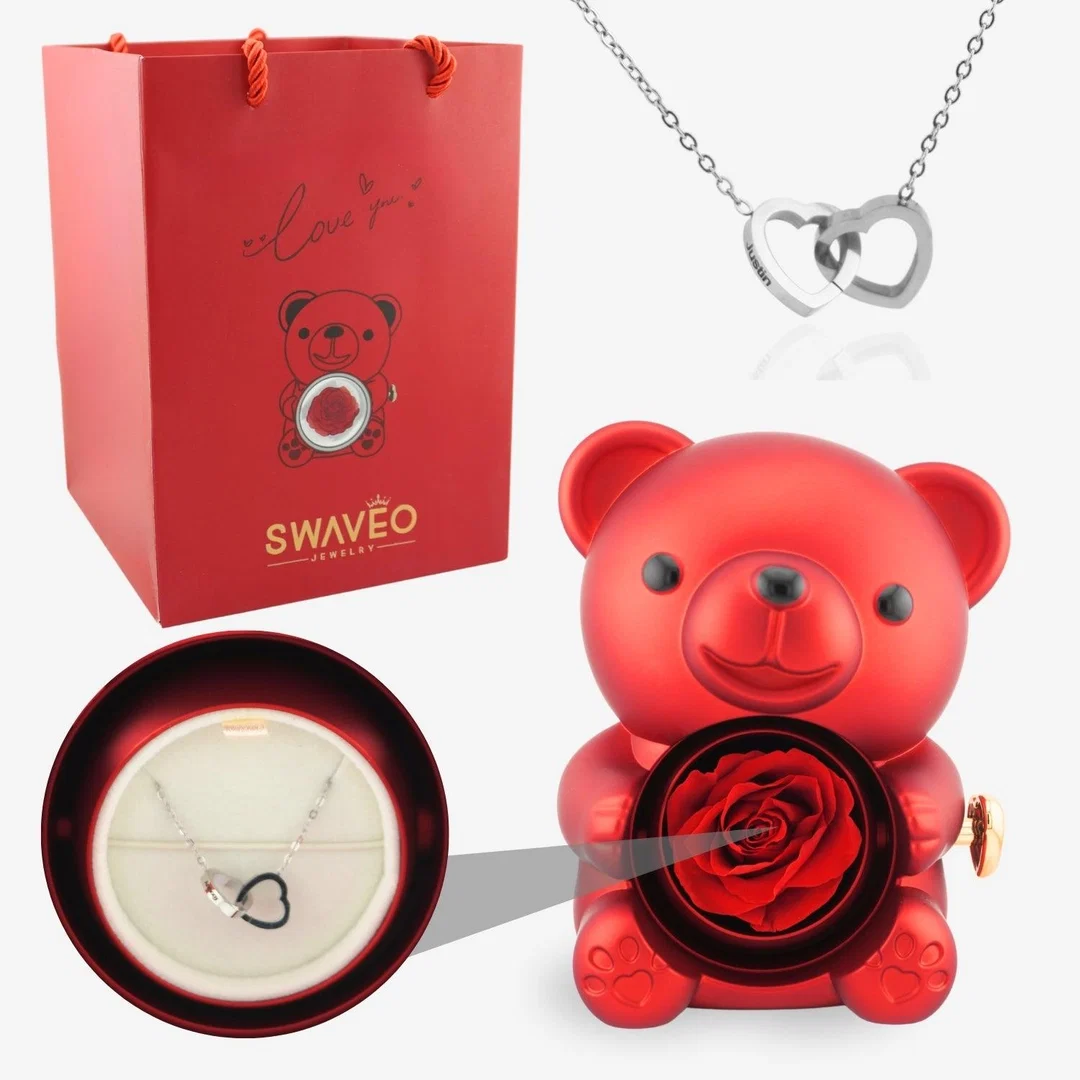 Forever Rose Bear Gift Set with Personalized Necklace