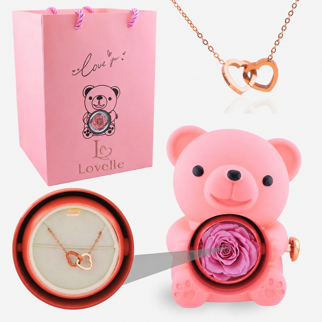 Forever Rose Bear Gift Set with Personalized Necklace
