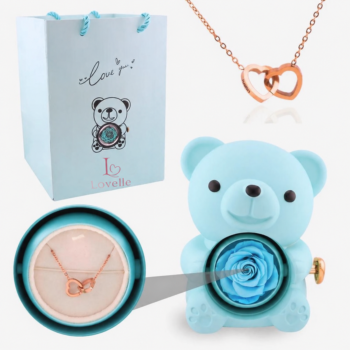 Forever Rose Bear Gift Set with Personalized Necklace