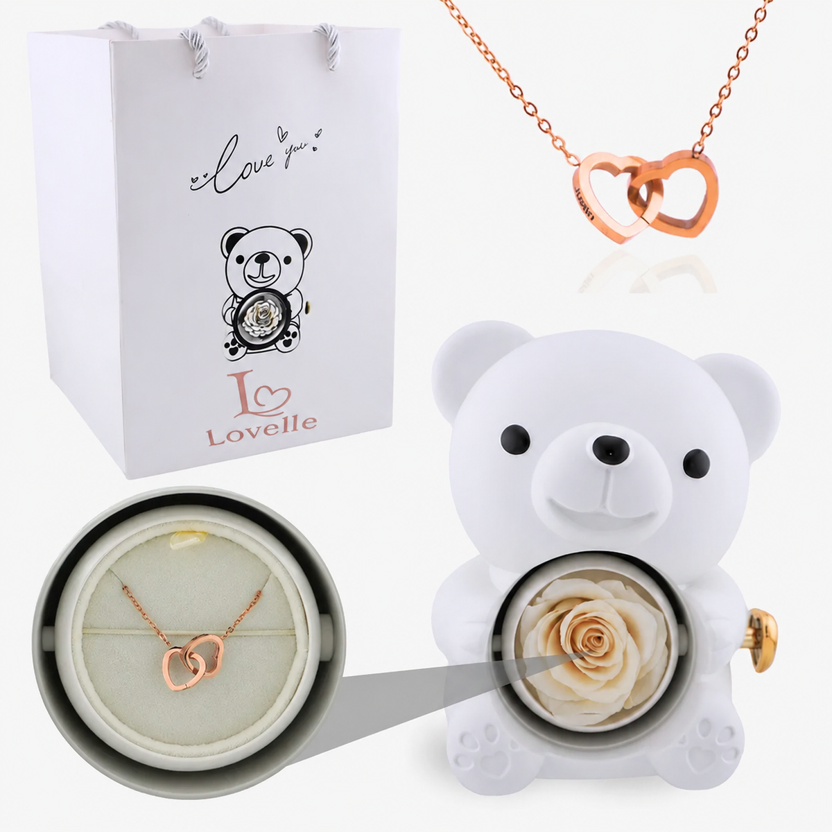 Forever Rose Bear Gift Set with Personalized Necklace