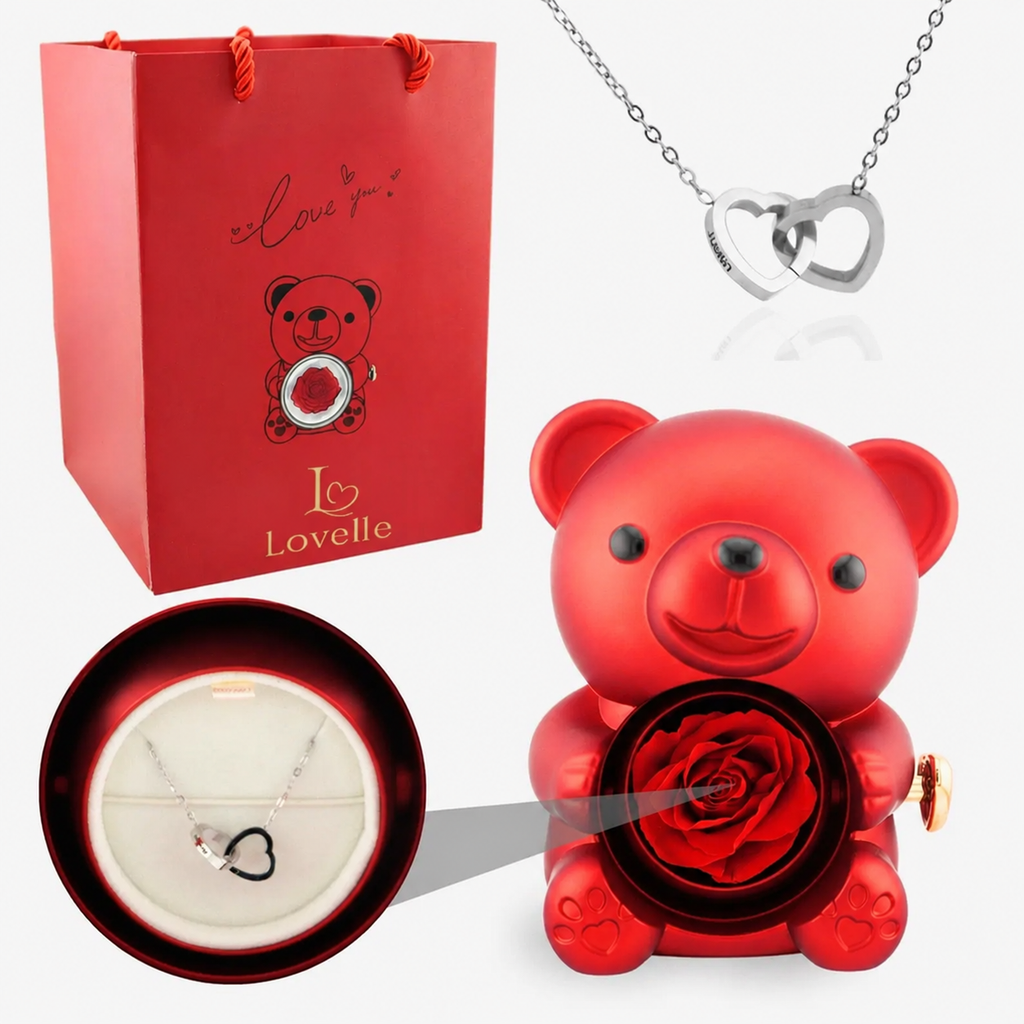 Forever Rose Bear Gift Set with Personalized Necklace