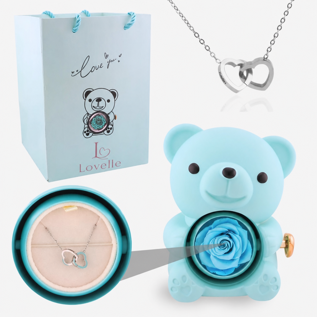 Forever Rose Bear Gift Set with Personalized Necklace