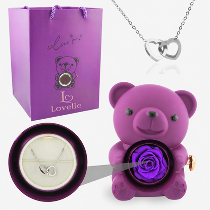 Forever Rose Bear Gift Set with Personalized Necklace