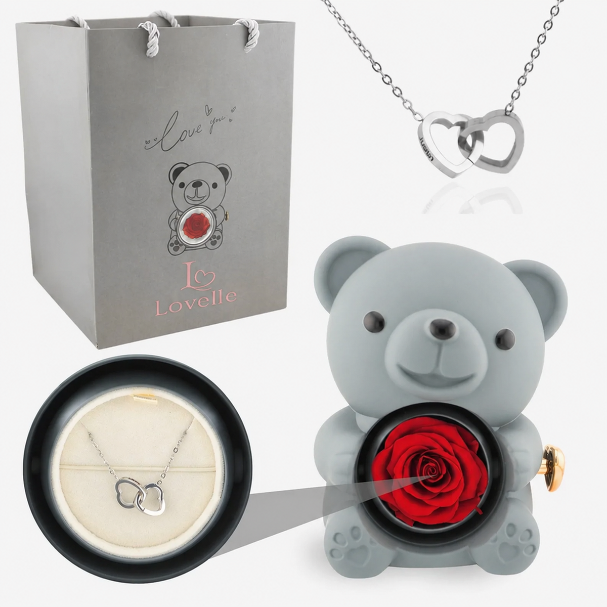 Forever Rose Bear Gift Set with Personalized Necklace