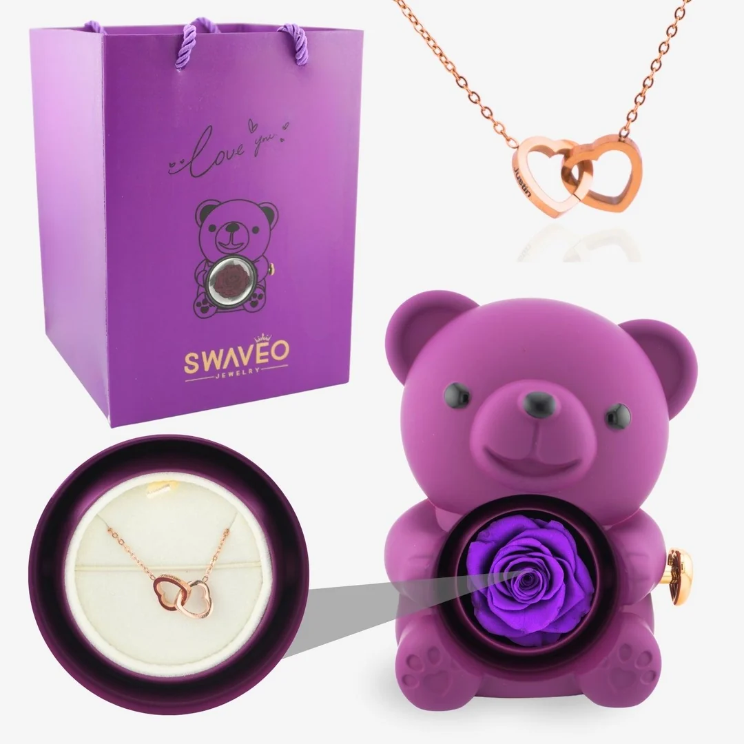 Forever Rose Bear Gift Set with Personalized Necklace