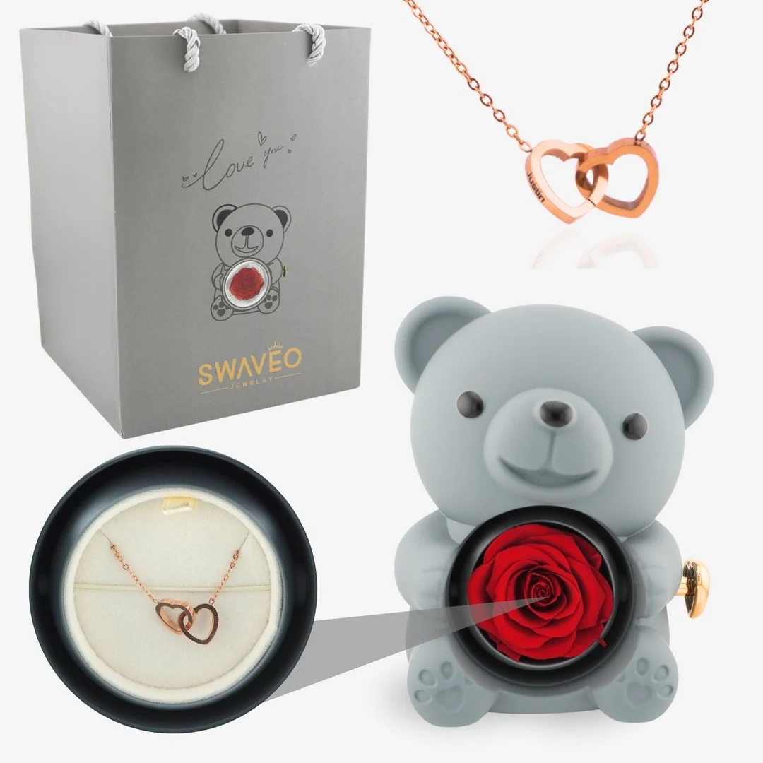 Forever Rose Bear Gift Set with Personalized Necklace