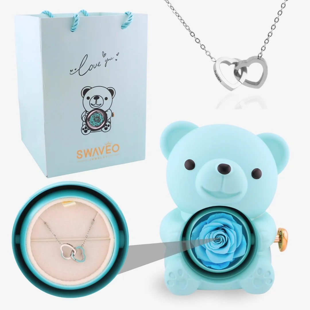 Forever Rose Bear Gift Set with Personalized Necklace