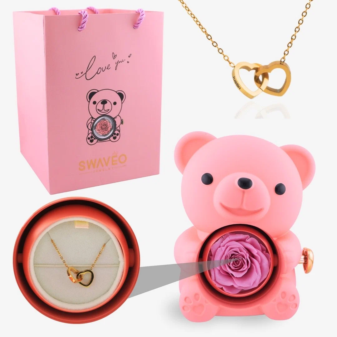 Forever Rose Bear Gift Set with Personalized Necklace