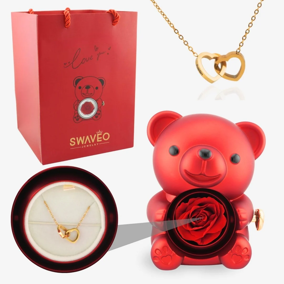 Forever Rose Bear Gift Set with Personalized Necklace