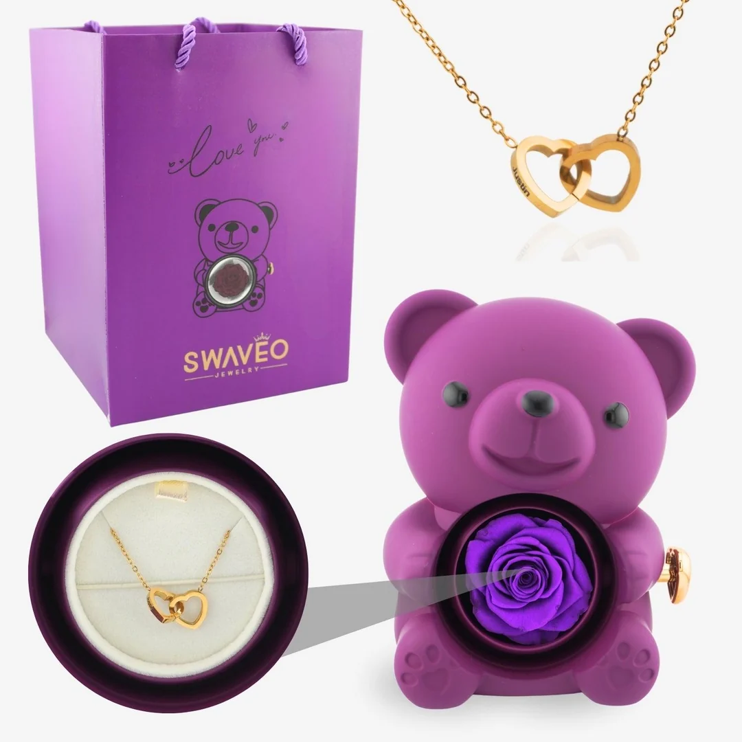 Forever Rose Bear Gift Set with Personalized Necklace