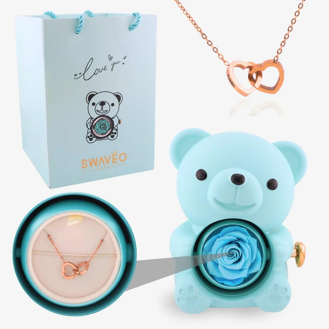Forever Rose Bear Gift Set with Personalized Necklace