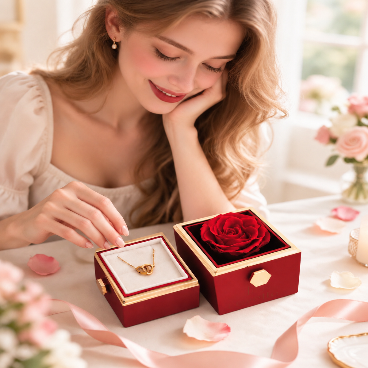 Personalized heart necklace gift box with eternal rose