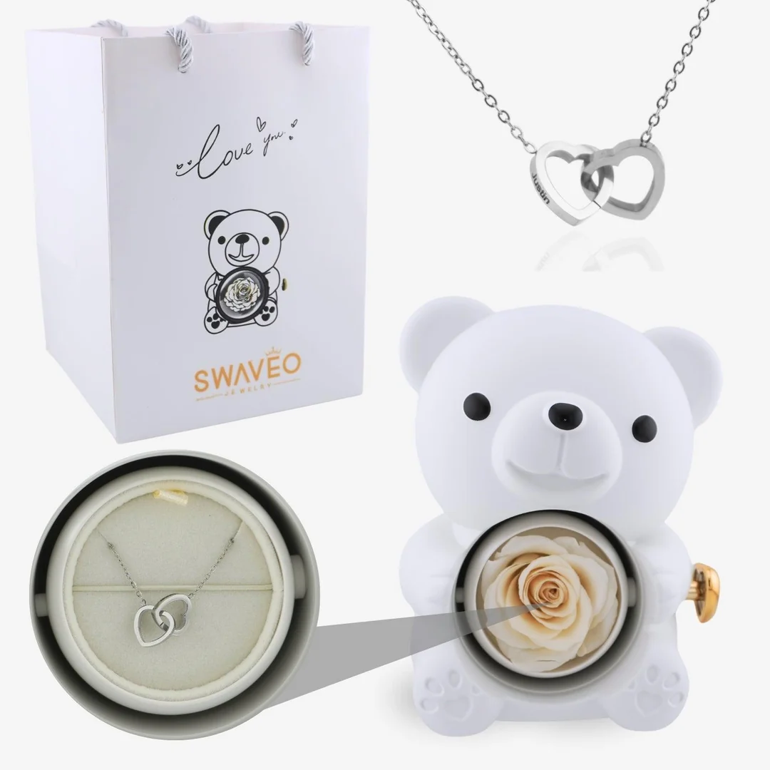 Forever Rose Bear Gift Set with Personalized Necklace
