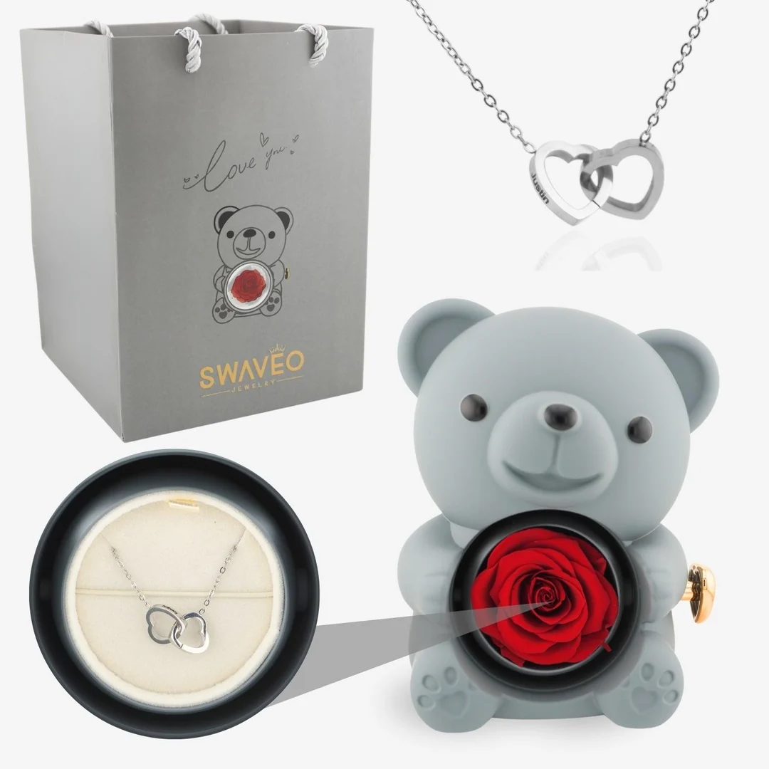 Forever Rose Bear Gift Set with Personalized Necklace
