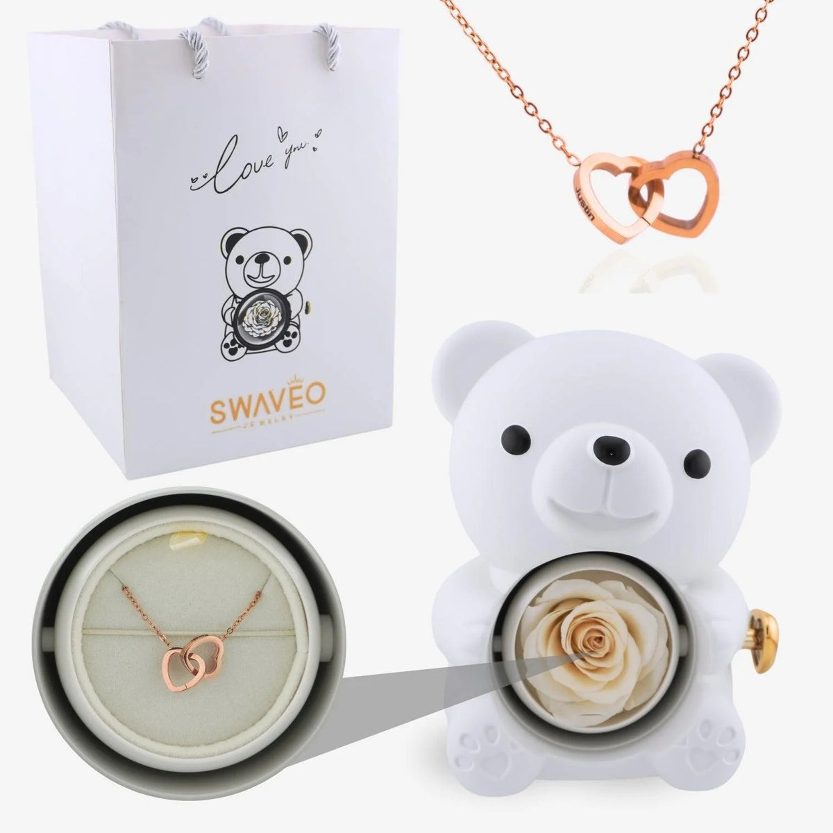 Forever Rose Bear Gift Set with Personalized Necklace